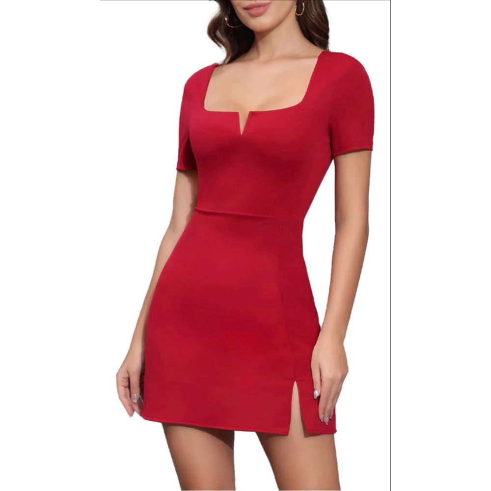 NEW Red Square A Line Short Sleeve Tie Up Back Mini Dress M